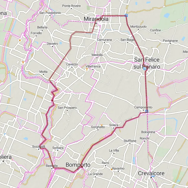 Miniatura della mappa di ispirazione al ciclismo "San Felice sul Panaro - Ponte San Martino Gravel Route" nella regione di Emilia-Romagna, Italy. Generata da Tarmacs.app, pianificatore di rotte ciclistiche
