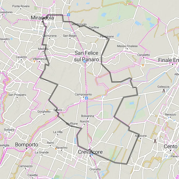 Miniatura della mappa di ispirazione al ciclismo "Dogaro - Medolla Road Route" nella regione di Emilia-Romagna, Italy. Generata da Tarmacs.app, pianificatore di rotte ciclistiche