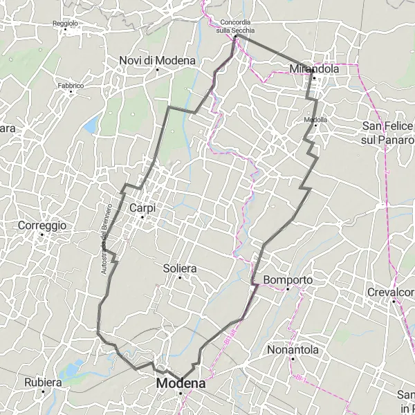 Miniatura della mappa di ispirazione al ciclismo "Strada per Medolla" nella regione di Emilia-Romagna, Italy. Generata da Tarmacs.app, pianificatore di rotte ciclistiche