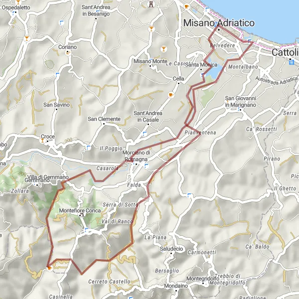 Miniaturní mapa "Gravelový výlet kolem Santa Monica" inspirace pro cyklisty v oblasti Emilia-Romagna, Italy. Vytvořeno pomocí plánovače tras Tarmacs.app