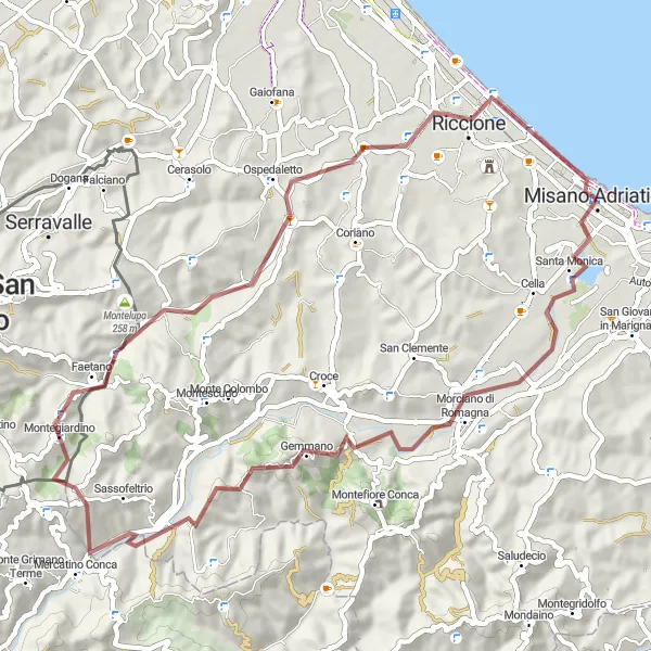 Zemljevid v pomanjšavi "Morciano di Romagna - Mercatino Conca Gravel Adventure" kolesarske inspiracije v Emilia-Romagna, Italy. Generirano z načrtovalcem kolesarskih poti Tarmacs.app