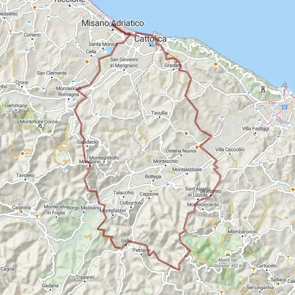 Miniaturekort af cykelinspirationen "Grusvej cykelrute til Misano Adriatico" i Emilia-Romagna, Italy. Genereret af Tarmacs.app cykelruteplanlægger