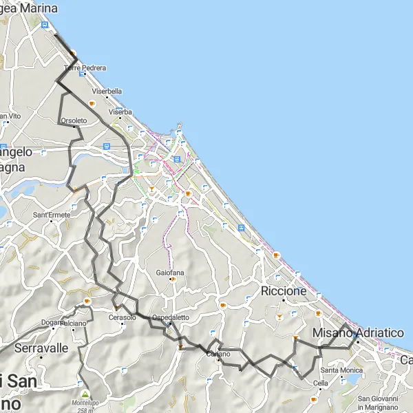 Miniaturní mapa "Jízda po pobřeží Emilia-Romagna" inspirace pro cyklisty v oblasti Emilia-Romagna, Italy. Vytvořeno pomocí plánovače tras Tarmacs.app