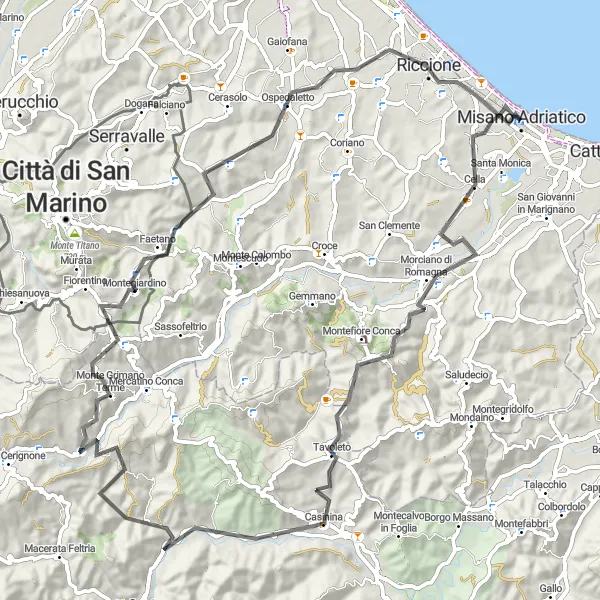 Zemljevid v pomanjšavi "Morciano di Romagna - Monte San Cristoforo Circuit" kolesarske inspiracije v Emilia-Romagna, Italy. Generirano z načrtovalcem kolesarskih poti Tarmacs.app