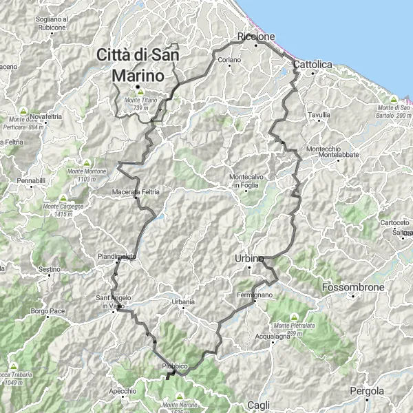 Miniatua del mapa de inspiración ciclista "Desafío montañoso desde Misano Adriatico hasta Riccione" en Emilia-Romagna, Italy. Generado por Tarmacs.app planificador de rutas ciclistas