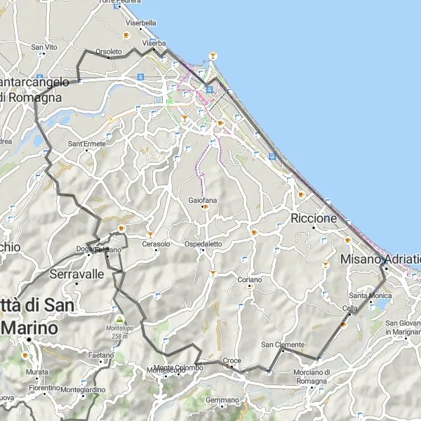 Zemljevid v pomanjšavi "Rimini - Misano Adriatico" kolesarske inspiracije v Emilia-Romagna, Italy. Generirano z načrtovalcem kolesarskih poti Tarmacs.app