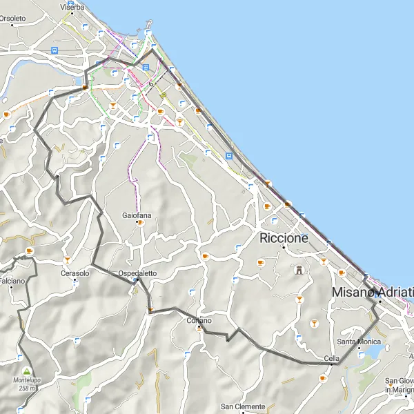 Mapa miniatúra "Cyklistický výlet okolo Rimini" cyklistická inšpirácia v Emilia-Romagna, Italy. Vygenerované cyklistickým plánovačom trás Tarmacs.app