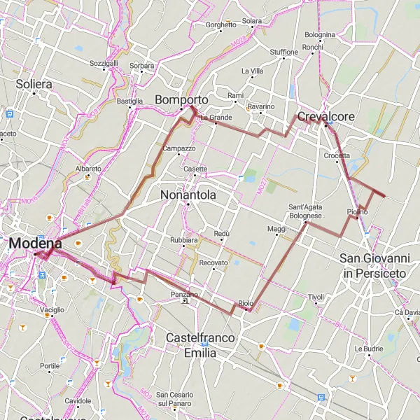 Kartminiatyr av "Grusvägscykling i Modena till Panzano" cykelinspiration i Emilia-Romagna, Italy. Genererad av Tarmacs.app cykelruttplanerare