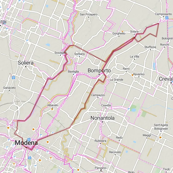 Kartminiatyr av "Modena - Sozzigalli" sykkelinspirasjon i Emilia-Romagna, Italy. Generert av Tarmacs.app sykkelrutoplanlegger