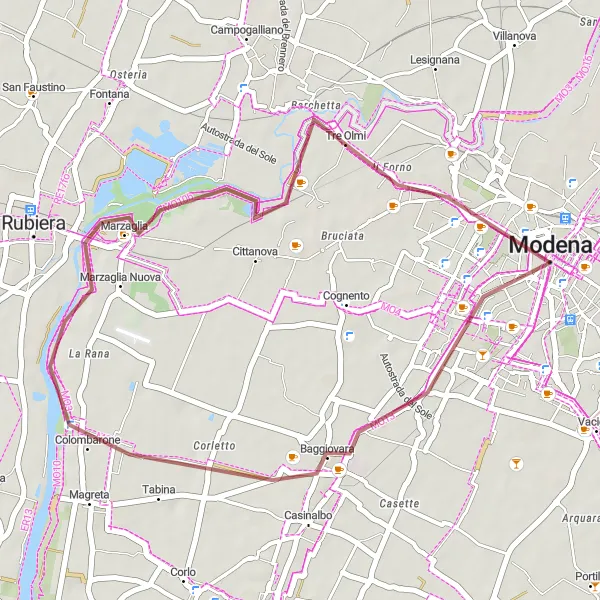 Karttaminiaatyyri "Rentouttava maastopyöräreitti Modenan lähistöllä" pyöräilyinspiraatiosta alueella Emilia-Romagna, Italy. Luotu Tarmacs.app pyöräilyreittisuunnittelijalla