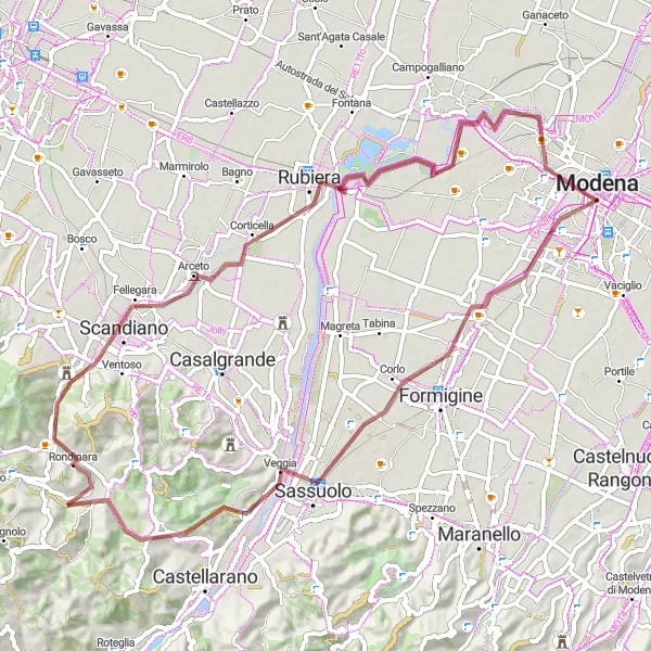 Miniaturní mapa "Gravel dobrodružství kolem Modeny" inspirace pro cyklisty v oblasti Emilia-Romagna, Italy. Vytvořeno pomocí plánovače tras Tarmacs.app