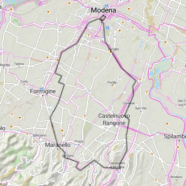 Miniaturní mapa "Okruhová cyklotrasa Modena - Ghirlandina - Castelvetro di Modena - Maranello - Modena" inspirace pro cyklisty v oblasti Emilia-Romagna, Italy. Vytvořeno pomocí plánovače tras Tarmacs.app