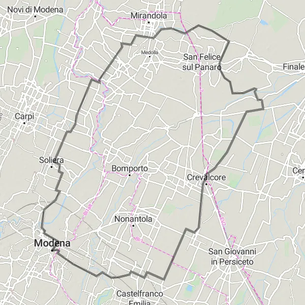 Miniatura della mappa di ispirazione al ciclismo "Ciclovia Modena-Soliera-Camurana-Dogaro-Sant'Agata Bolognese-Castello Malvasia-Centro Storico" nella regione di Emilia-Romagna, Italy. Generata da Tarmacs.app, pianificatore di rotte ciclistiche