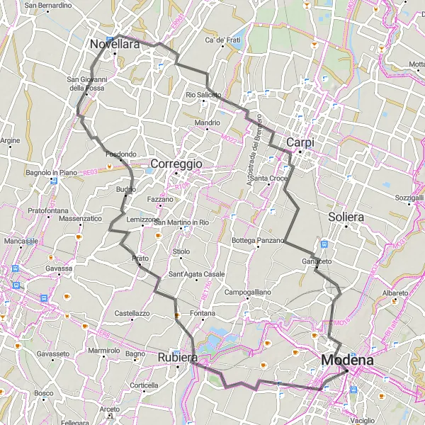 Miniatua del mapa de inspiración ciclista "Ruta de carretera a través de los paisajes de Emilia-Romaña" en Emilia-Romagna, Italy. Generado por Tarmacs.app planificador de rutas ciclistas