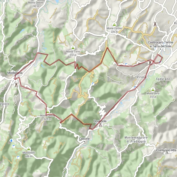 Miniatuurkaart van de fietsinspiratie "Gravelroute naar Monte La Siba en terug naar Modigliana" in Emilia-Romagna, Italy. Gemaakt door de Tarmacs.app fietsrouteplanner