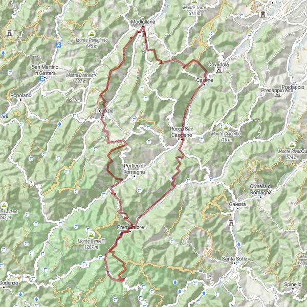 Kartminiatyr av "Grusvägar och äventyr" cykelinspiration i Emilia-Romagna, Italy. Genererad av Tarmacs.app cykelruttplanerare