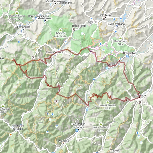 Kartminiatyr av "Upplevelser i Modiglianas Gröna Omgivningar" cykelinspiration i Emilia-Romagna, Italy. Genererad av Tarmacs.app cykelruttplanerare