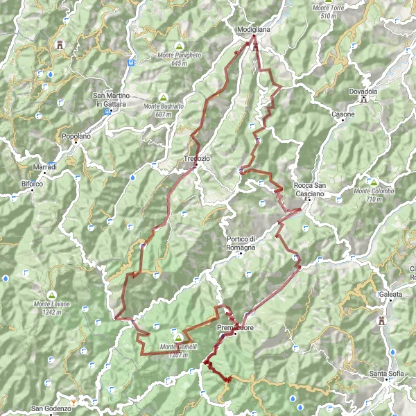 Miniaturní mapa "Gravel Modigliana - Monte San Bartolo" inspirace pro cyklisty v oblasti Emilia-Romagna, Italy. Vytvořeno pomocí plánovače tras Tarmacs.app