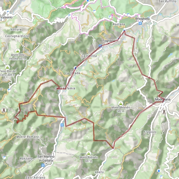 Miniaturní mapa "Gravel Route to Modigliana" inspirace pro cyklisty v oblasti Emilia-Romagna, Italy. Vytvořeno pomocí plánovače tras Tarmacs.app