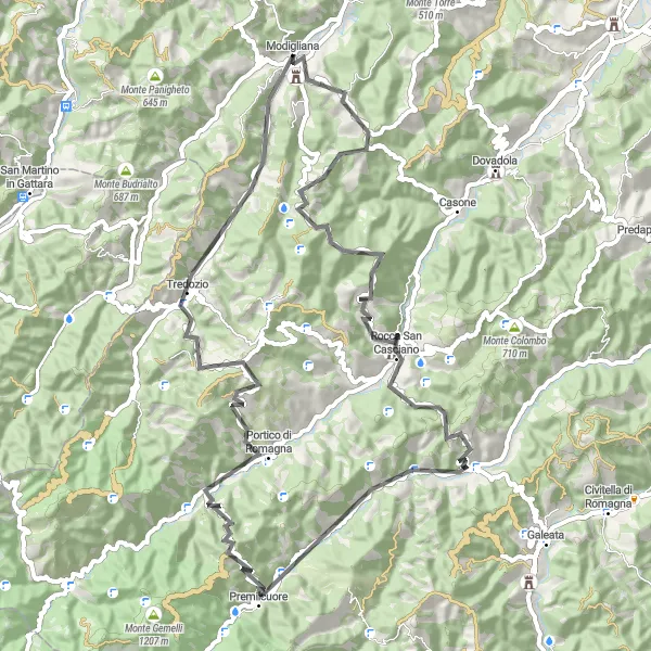Map miniature of "From Modigliana to Rocca San Casciano" cycling inspiration in Emilia-Romagna, Italy. Generated by Tarmacs.app cycling route planner