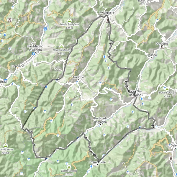Karttaminiaatyyri "Modigliana - Rocca dei Conti Guidi - Monte del Tesoro - Modigliana" pyöräilyinspiraatiosta alueella Emilia-Romagna, Italy. Luotu Tarmacs.app pyöräilyreittisuunnittelijalla