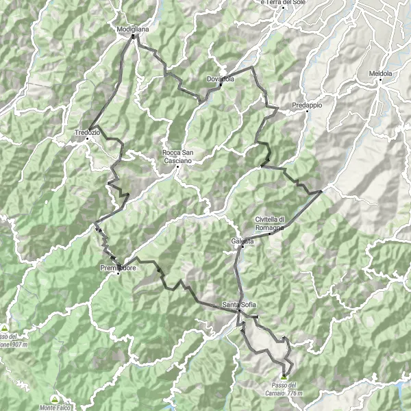 Kartminiatyr av "Utmanande Road Trip till Modiglianas Höjdpunkter" cykelinspiration i Emilia-Romagna, Italy. Genererad av Tarmacs.app cykelruttplanerare