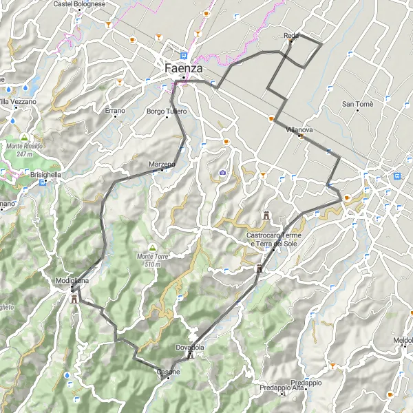 Miniatura della mappa di ispirazione al ciclismo "Tour delle Colline Faentine" nella regione di Emilia-Romagna, Italy. Generata da Tarmacs.app, pianificatore di rotte ciclistiche