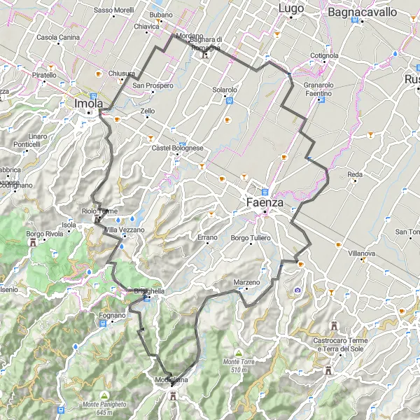 Miniature de la carte de l'inspiration cycliste "Parcours Romantique Riolo Terme" dans la Emilia-Romagna, Italy. Générée par le planificateur d'itinéraire cycliste Tarmacs.app