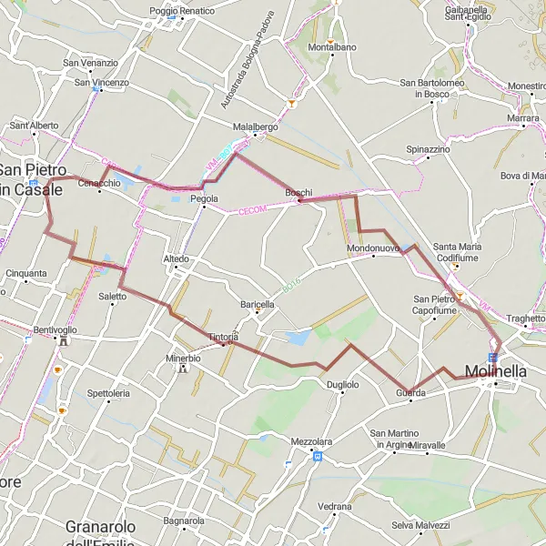 Mapa miniatúra "Gravelový okruh od Molinelly do San Pietro in Casale" cyklistická inšpirácia v Emilia-Romagna, Italy. Vygenerované cyklistickým plánovačom trás Tarmacs.app