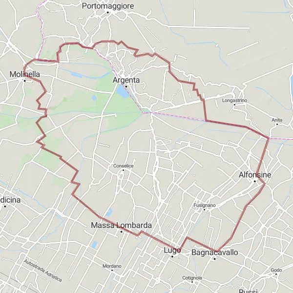Miniatua del mapa de inspiración ciclista "Ruta de Grava Molinella - Massa Lombarda" en Emilia-Romagna, Italy. Generado por Tarmacs.app planificador de rutas ciclistas