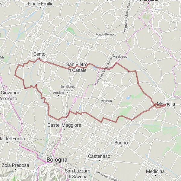 Map miniature of "Molinella to Pieve di Cento Gravel Cycling Route" cycling inspiration in Emilia-Romagna, Italy. Generated by Tarmacs.app cycling route planner