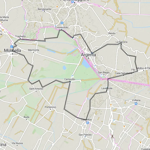 Mapa miniatúra "Cyklistická trasa Argenta" cyklistická inšpirácia v Emilia-Romagna, Italy. Vygenerované cyklistickým plánovačom trás Tarmacs.app