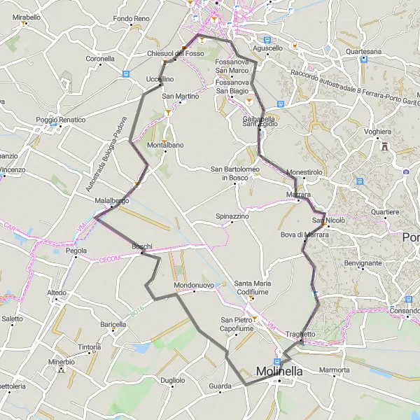 Mapa miniatúra "Okruhová cyklistická trasa cez krajiny blízko Molinelly" cyklistická inšpirácia v Emilia-Romagna, Italy. Vygenerované cyklistickým plánovačom trás Tarmacs.app