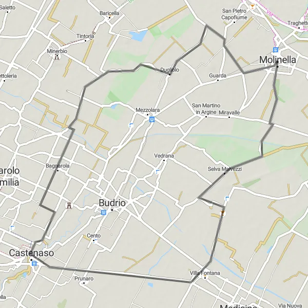 Map miniature of "Molinella to Bagnarola Road Cycling Route" cycling inspiration in Emilia-Romagna, Italy. Generated by Tarmacs.app cycling route planner