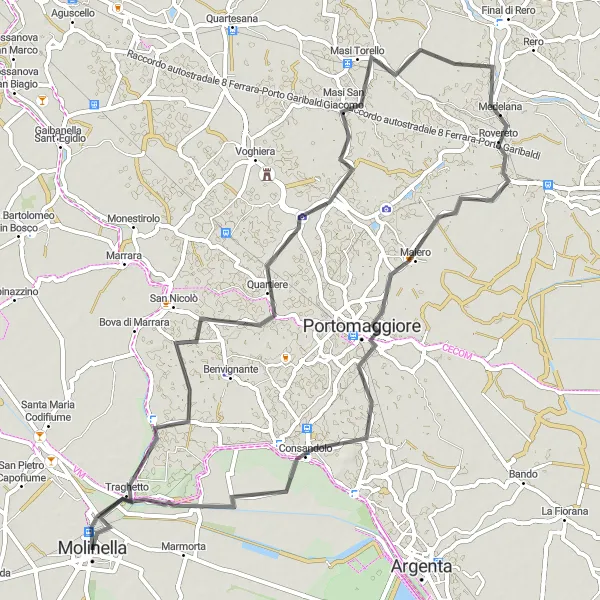 Miniaturní mapa "Okruh k Masi Torello a Portomaggiore" inspirace pro cyklisty v oblasti Emilia-Romagna, Italy. Vytvořeno pomocí plánovače tras Tarmacs.app
