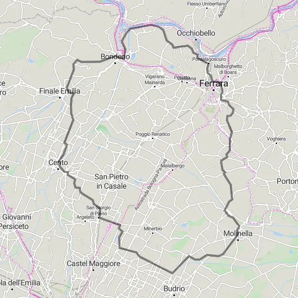Zemljevid v pomanjšavi "Pustolovščina po pokrajini in zgodovini" kolesarske inspiracije v Emilia-Romagna, Italy. Generirano z načrtovalcem kolesarskih poti Tarmacs.app