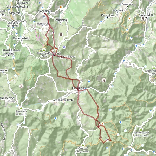 Miniaturní mapa "Gravel Ride around Monghidoro" inspirace pro cyklisty v oblasti Emilia-Romagna, Italy. Vytvořeno pomocí plánovače tras Tarmacs.app