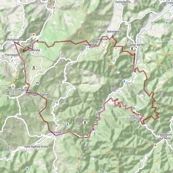 Miniature de la carte de l'inspiration cycliste "Randonnée à vélo hors route de Monghidoro à Firenzuola" dans la Emilia-Romagna, Italy. Générée par le planificateur d'itinéraire cycliste Tarmacs.app