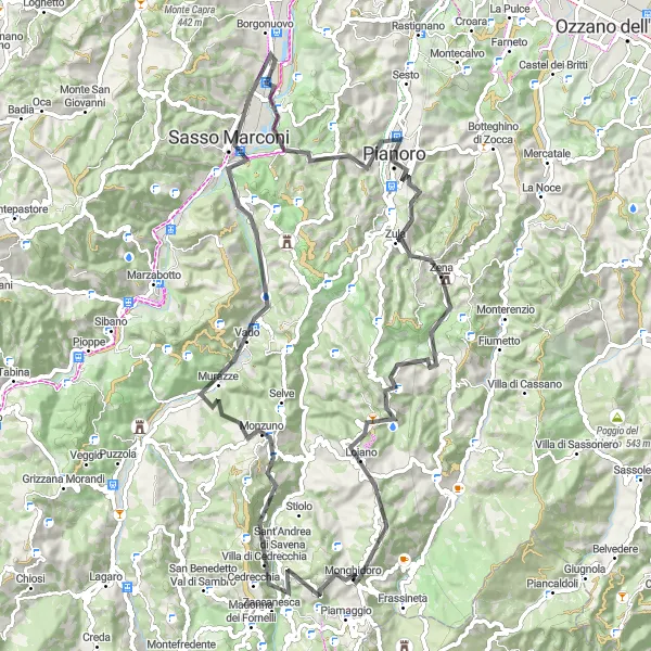 Miniatura della mappa di ispirazione al ciclismo "Giro in bicicletta da Monghidoro attraverso Monte Belvedere e Pianoro" nella regione di Emilia-Romagna, Italy. Generata da Tarmacs.app, pianificatore di rotte ciclistiche