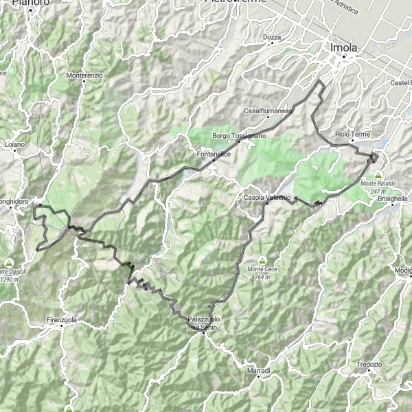 Miniatura della mappa di ispirazione al ciclismo "Alla Scoperta dei Borghi Romagnoli" nella regione di Emilia-Romagna, Italy. Generata da Tarmacs.app, pianificatore di rotte ciclistiche