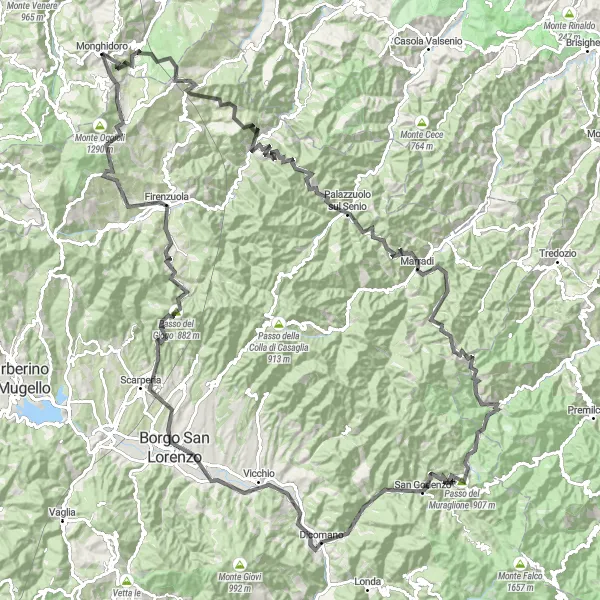 Mapa miniatúra "Cestný okruh Palazzuolo sul Senio" cyklistická inšpirácia v Emilia-Romagna, Italy. Vygenerované cyklistickým plánovačom trás Tarmacs.app