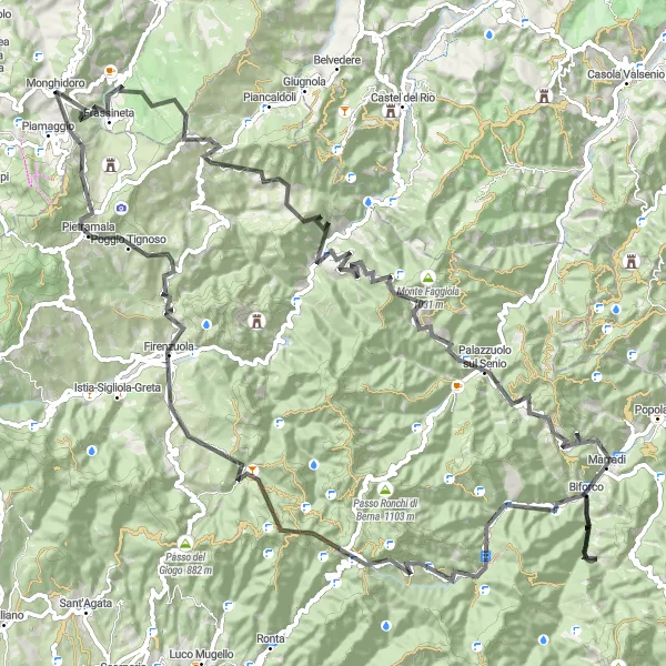 Miniatura della mappa di ispirazione al ciclismo "Avventura in bicicletta tra Monghidoro e Firenzuola" nella regione di Emilia-Romagna, Italy. Generata da Tarmacs.app, pianificatore di rotte ciclistiche