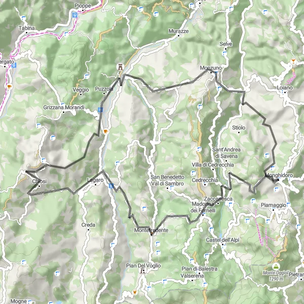 Mapa miniatúra "Veľkolepá cesta okolo Monghidoro" cyklistická inšpirácia v Emilia-Romagna, Italy. Vygenerované cyklistickým plánovačom trás Tarmacs.app