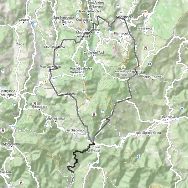 Kartminiatyr av "Rundtur gjennom Monte Piano og Madonna dei Fornelli" sykkelinspirasjon i Emilia-Romagna, Italy. Generert av Tarmacs.app sykkelrutoplanlegger