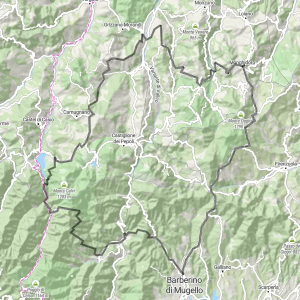 Miniatua del mapa de inspiración ciclista "Ruta de Carretera Monghidoro" en Emilia-Romagna, Italy. Generado por Tarmacs.app planificador de rutas ciclistas