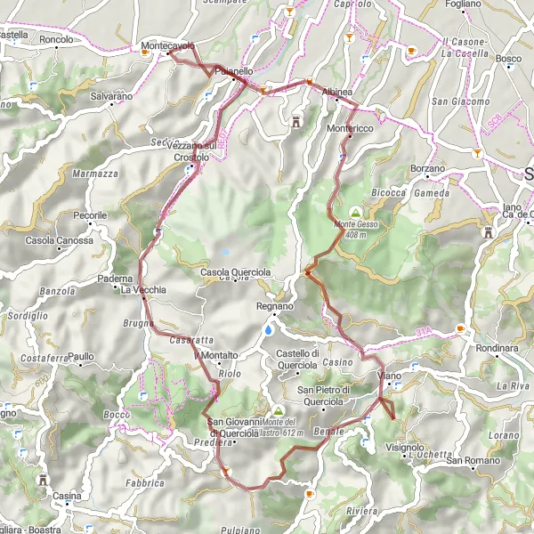 Zemljevid v pomanjšavi "Kratka avanturistična tura v okolici Montecavola" kolesarske inspiracije v Emilia-Romagna, Italy. Generirano z načrtovalcem kolesarskih poti Tarmacs.app