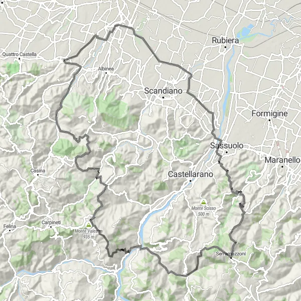 Map miniature of "Rivalta Loop Road Ride" cycling inspiration in Emilia-Romagna, Italy. Generated by Tarmacs.app cycling route planner