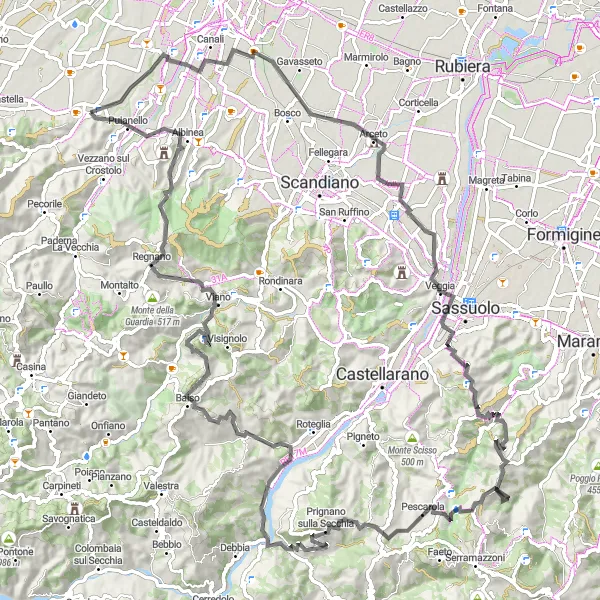 Miniatura mapy "Trasa rowerowa Szosa Rivalta - Castello di Arceto - Veggia - Il Monticello - Casa Bartolacelli - Stella - il Poggio - Maestà Nera - Monte Video - Botteghe" - trasy rowerowej w Emilia-Romagna, Italy. Wygenerowane przez planer tras rowerowych Tarmacs.app