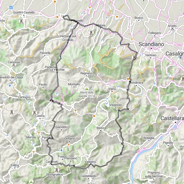 Karttaminiaatyyri "Montecavolo - Borzano - Monte Vecchio - Vezzano sul Crostolo - Montecavolo" pyöräilyinspiraatiosta alueella Emilia-Romagna, Italy. Luotu Tarmacs.app pyöräilyreittisuunnittelijalla