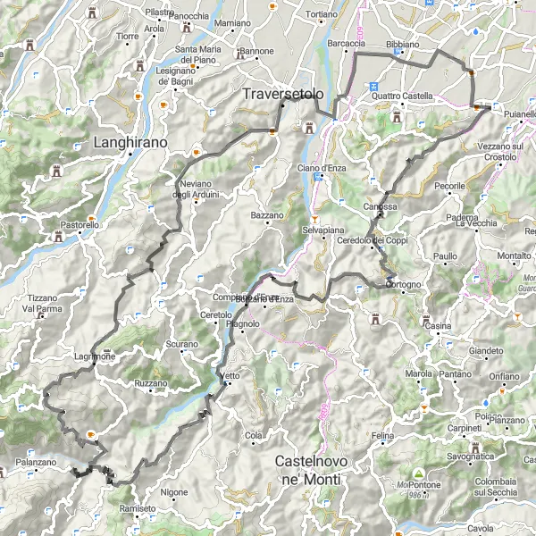 Miniatura della mappa di ispirazione al ciclismo "Giro in bicicletta da Montecavolo" nella regione di Emilia-Romagna, Italy. Generata da Tarmacs.app, pianificatore di rotte ciclistiche